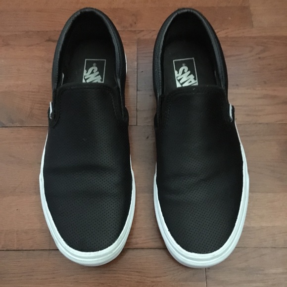 vans black perforated leather slip on womens